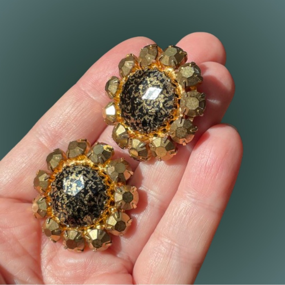 Vintage black & gold art glass (?) cluster clip-on earrings